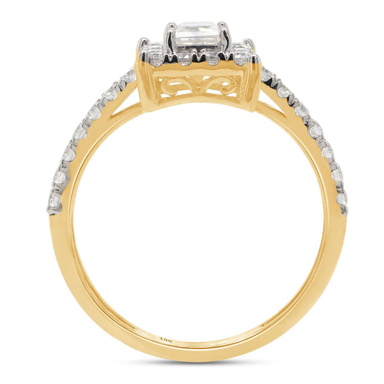 0.75 Carat Princess and Round Cut Lab Created Moissanite Diamond Square Halo Engagement Ring in 10K or 14K Solid Gold
