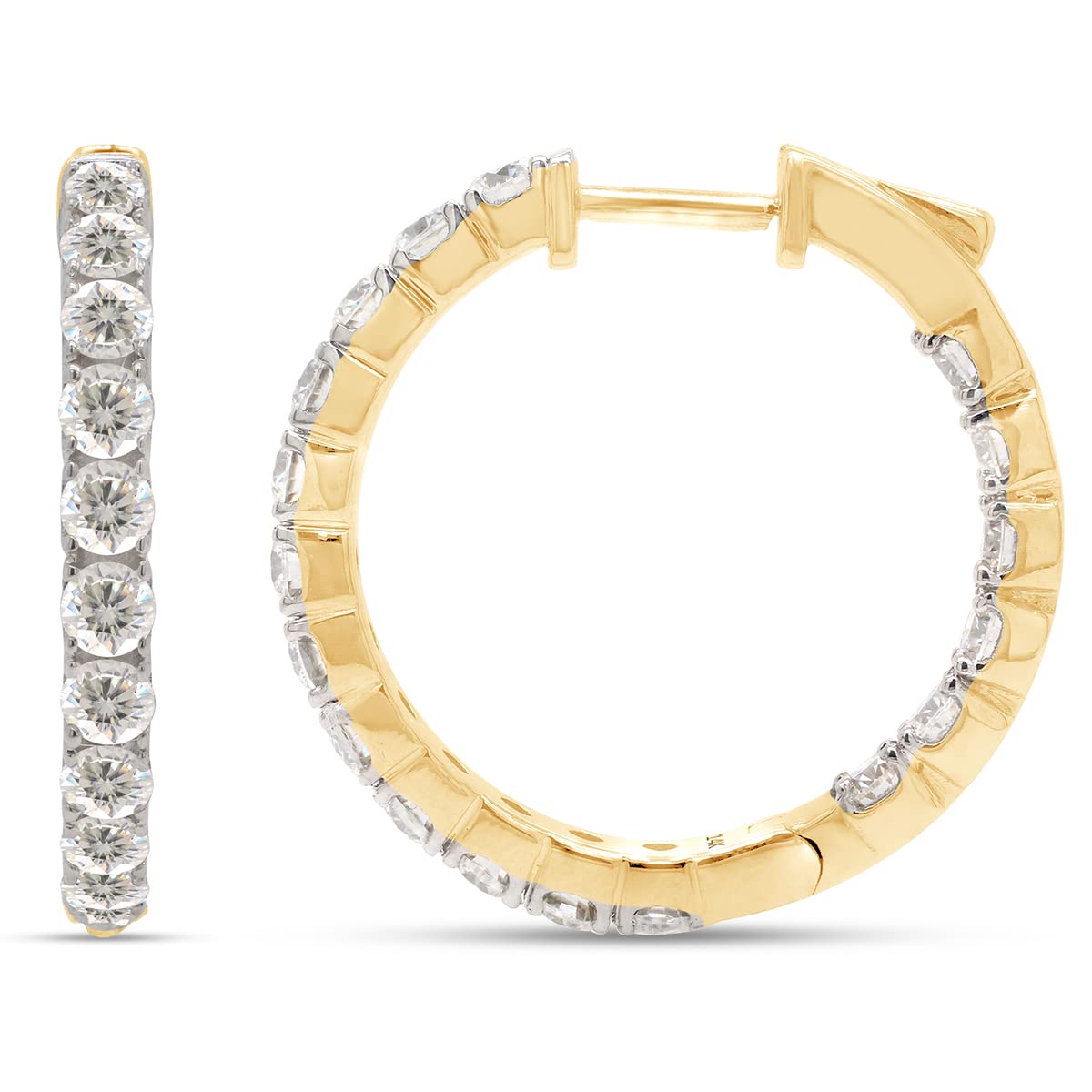 2 1/10 ct.t.w Round Cut Lab Created Moissanite Diamond Inside Outside Hoop Earrings In 10K Or 14K Solid Gold (2.10 Cttw)