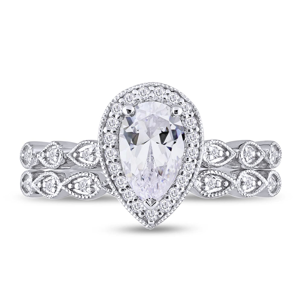 
                      
                        1.16 Carat Pear & Round Cut Lab Created Moissanite Diamond Milgrain Halo Bridal Ring Set In 925 Sterling Silver
                      
                    