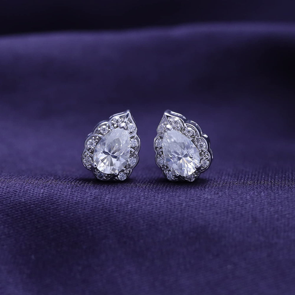 Pear & Round Cut Lab Created Diamond Moissanite Vintage Floral Halo Stud Earring In 925 Sterling Silver (0.90 Cttw)