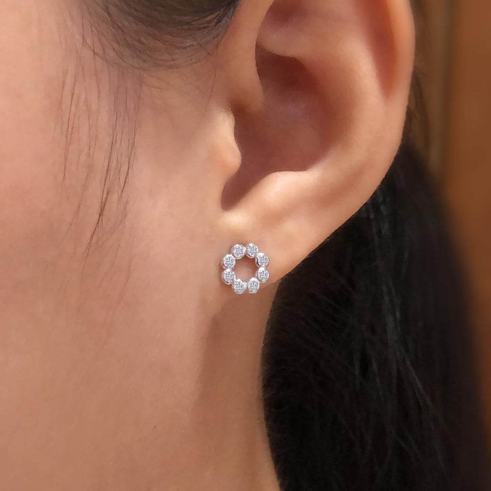 Round Sparkly White Cubic Zirconia Bezel Set Open Circle Stud Earrings In 925 Sterling Silver