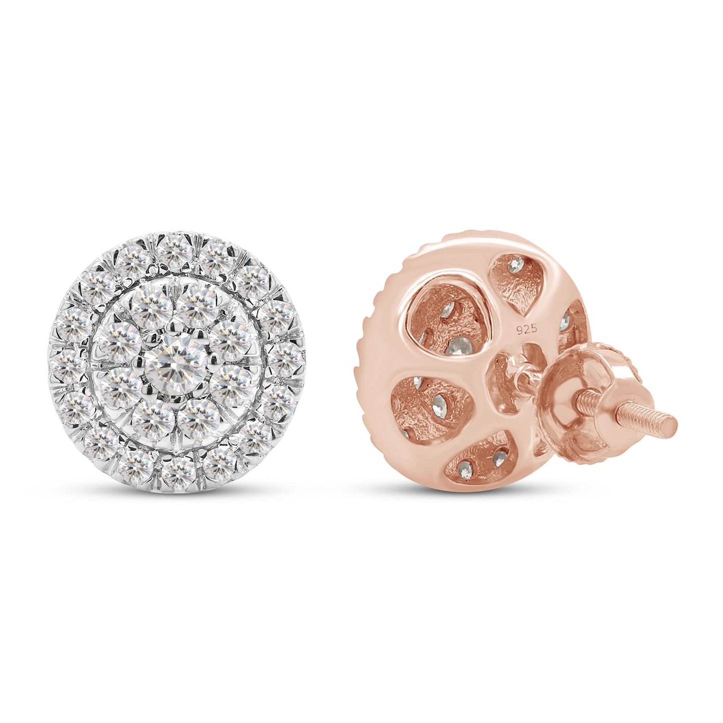 8/9 Carat Lab Created Moissanite Diamond Screw Back Halo Cluster Earrings In 925 Sterling Silver (0.90 Cttw)