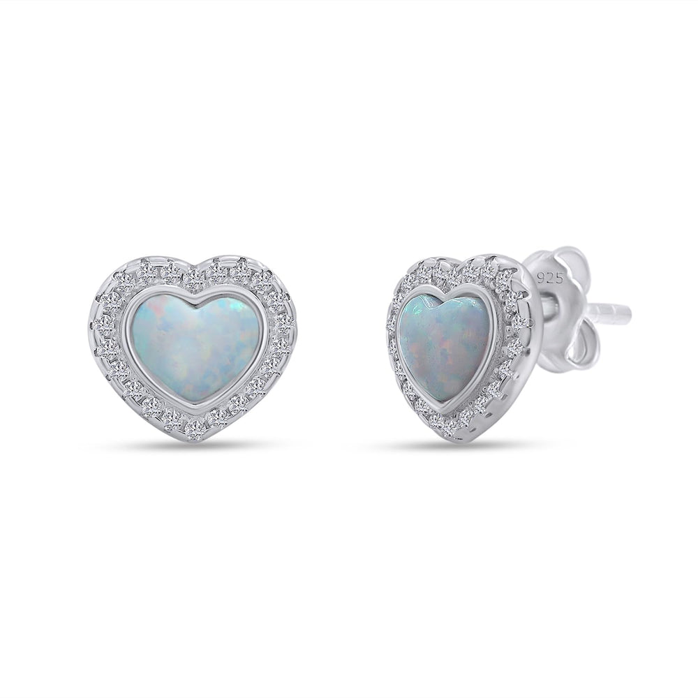 Heart Simulated Opal & Round Shape White Cubic Zirconia Halo Heart Stud Earrings In 925 Sterling Silver