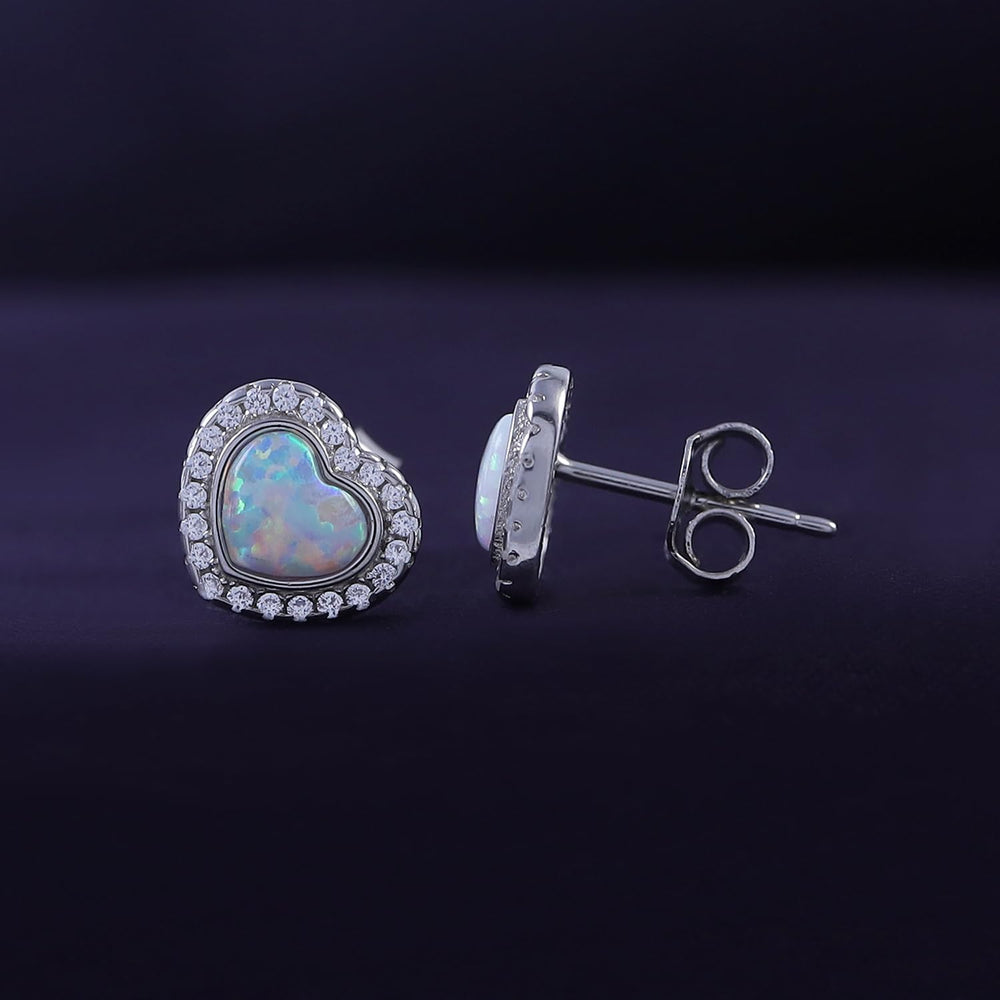 
                      
                        Heart Simulated Opal & Round Shape White Cubic Zirconia Halo Heart Stud Earrings In 925 Sterling Silver
                      
                    