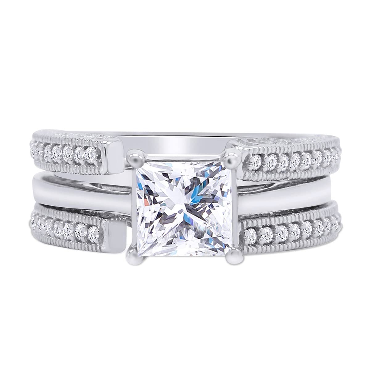 Round Cut Lab Created Moissanite Diamond Cathedral Enhancer Guard Ring For Women In 925 Sterling Silver