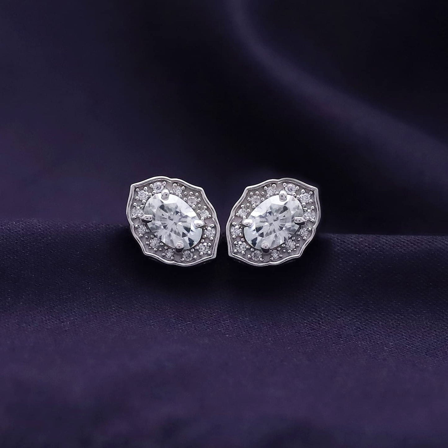 Oval & Round Cut Lab Created Diamond Moissanite Vintage Floral Halo Stud Earring In 925 Sterling Silver (1.10 Cttw)