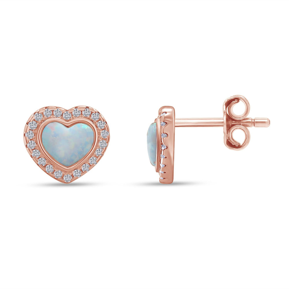 
                      
                        Heart Simulated Opal & Round Shape White Cubic Zirconia Halo Heart Stud Earrings In 925 Sterling Silver
                      
                    