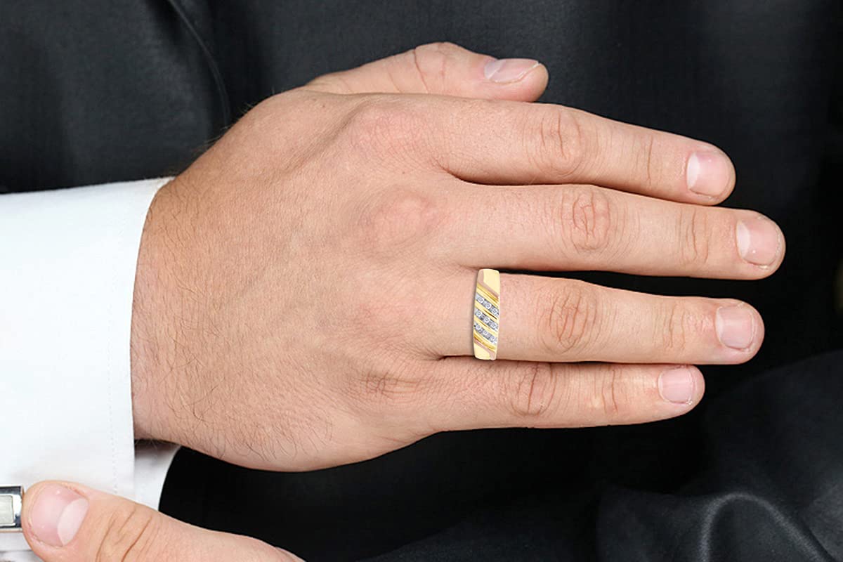1/10 Cttw White Natural Round Diamond Two Tone Mens Wedding Band Ring In 14k Gold Over Sterling Silver (I-J Color, I2-I3 Clarity)