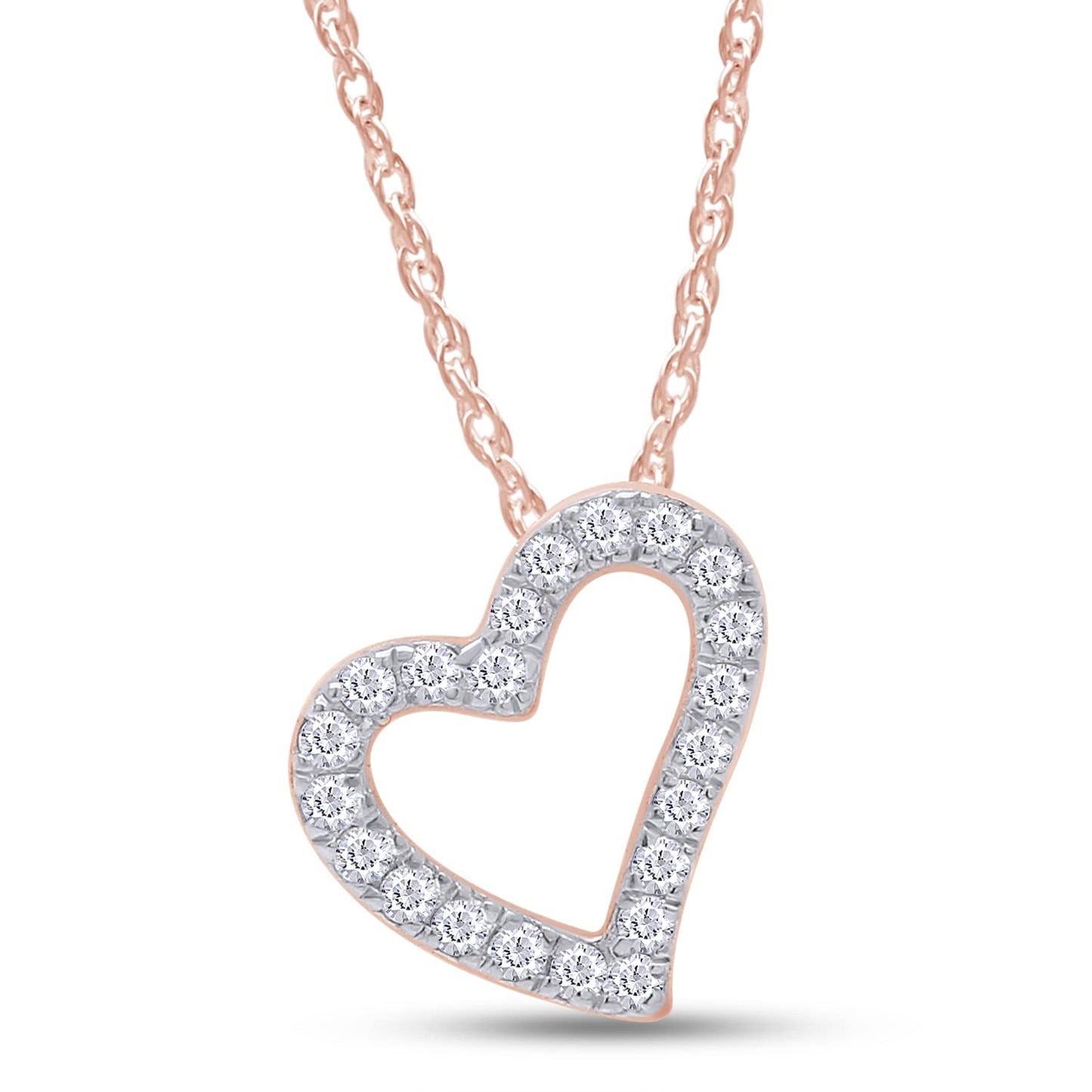 1/8 CT TW Lab Grown Diamond Tilted Heart Necklace Pendant For Women Lab Diamonds In 14K Gold Plated 925 Sterling Silver Accompanied By 18" Rope Chain With Certificate of Authenticity