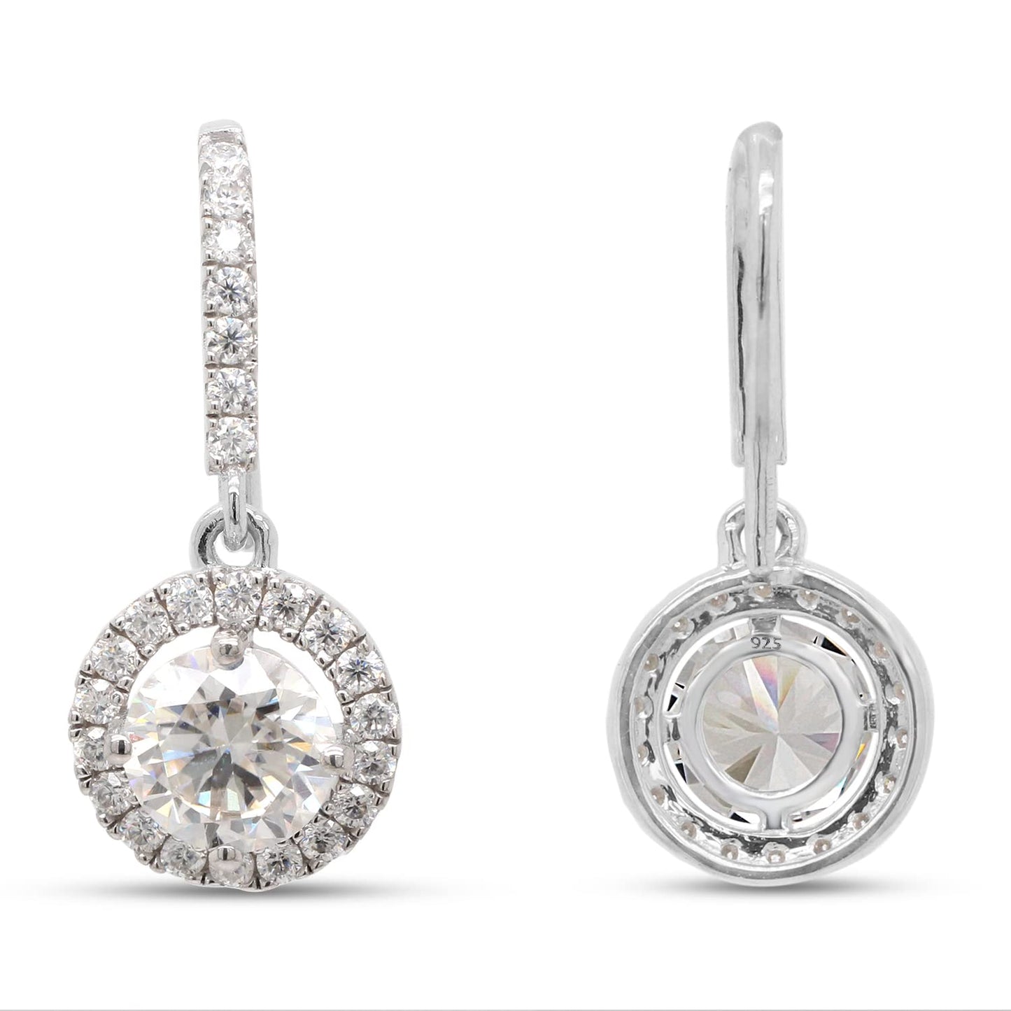 2 Carat Round Cut Lab Created Moissanite Diamond Fishhook Halo Drop Earrings In 925 Sterling Silver (2 Cttw)