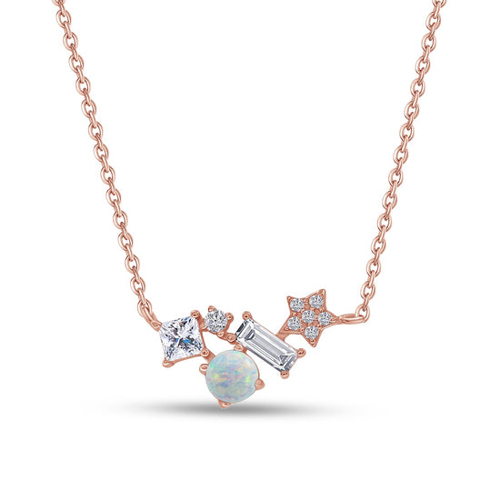 Round Simulated Opal & Multi Shape White Cubic Zirconia Pendant Necklace For Women In 925 Sterling Silver Along With 16" + 2" Extension Chain