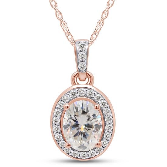 1 1/2 Carat 6X8MM Oval & Round Lab Created Moissanite Diamond Halo Pendant Necklace in 10K or 14K Solid Gold For Women (1.50 Cttw)