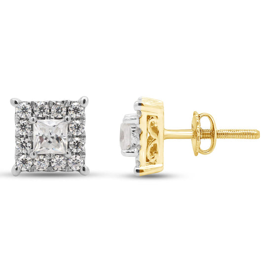 0.33 Carat Princess & Round Cut Lab Created Moissanite Diamond Halo Stud Earrings In 925 Sterling Silver