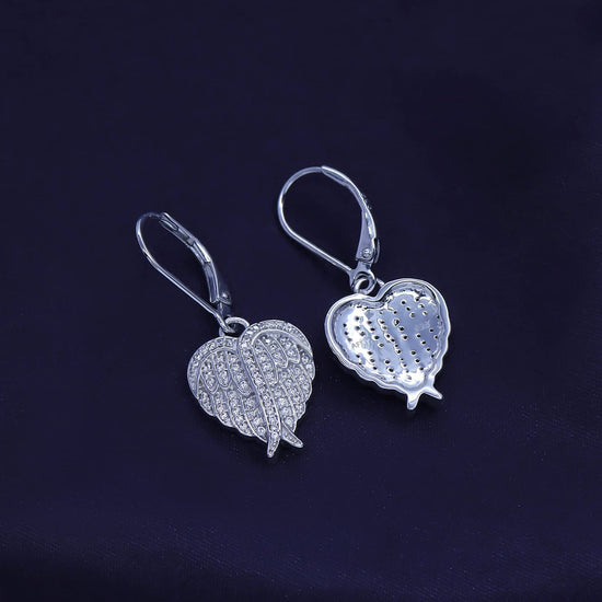 Heart Angel Wing Cubic Zirconia Lever Back Drop Earrings for Women in 925 Sterling Silver