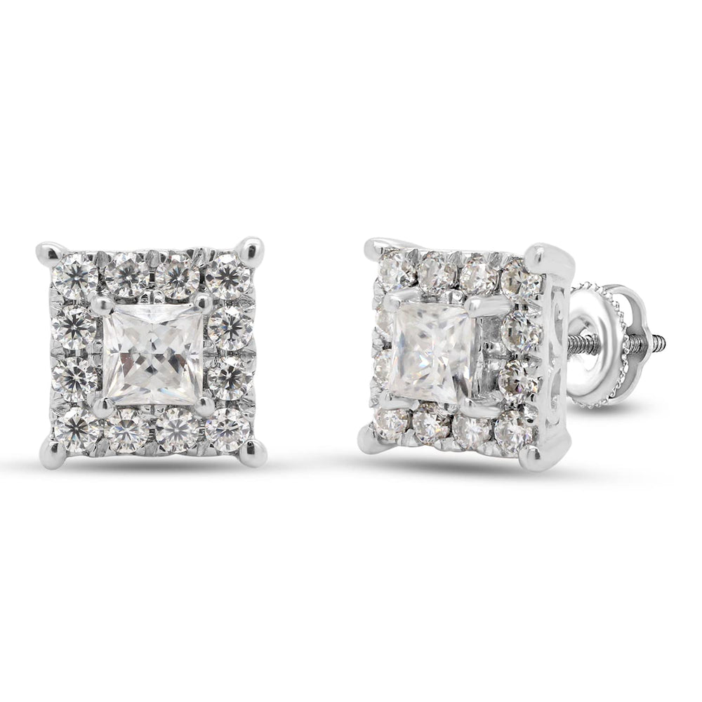 
                      
                        0.33 Carat Princess & Round Cut Lab Created Moissanite Diamond Halo Stud Earrings In 925 Sterling Silver
                      
                    