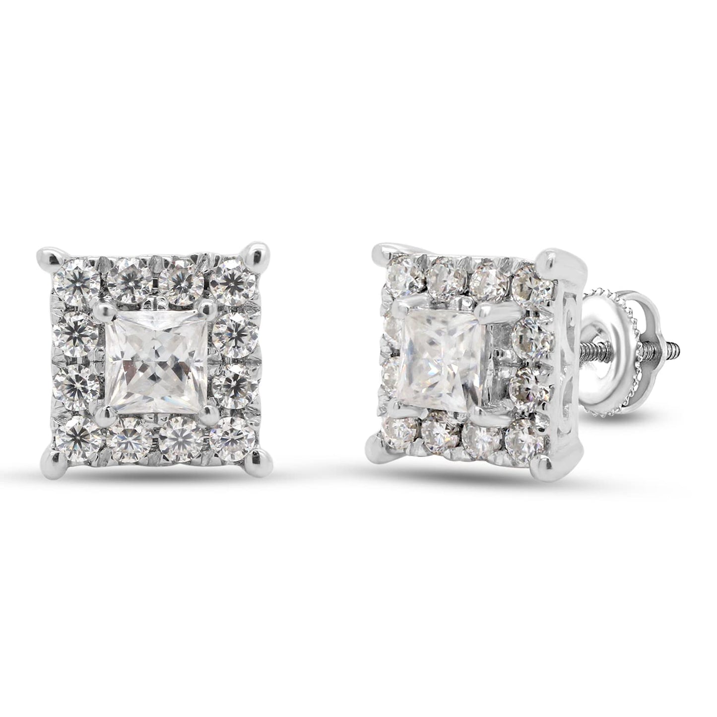 0.33 Carat Princess & Round Cut Lab Created Moissanite Diamond Halo Stud Earrings In 925 Sterling Silver