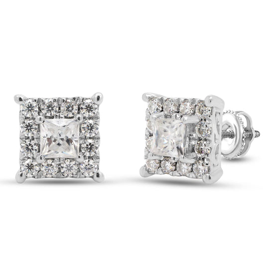 0.33 Carat Princess & Round Cut Lab Created Moissanite Diamond Halo Stud Earrings In 925 Sterling Silver