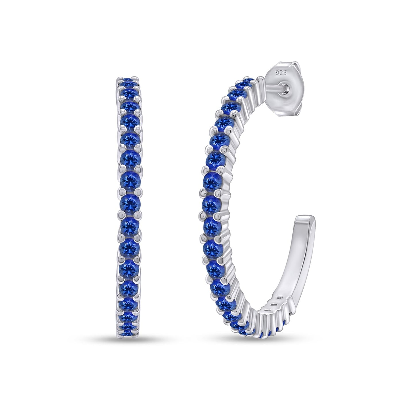 Round Simulated Blue Sapphire Single Row Hoop Earrings For Women In 925 Sterling Silver