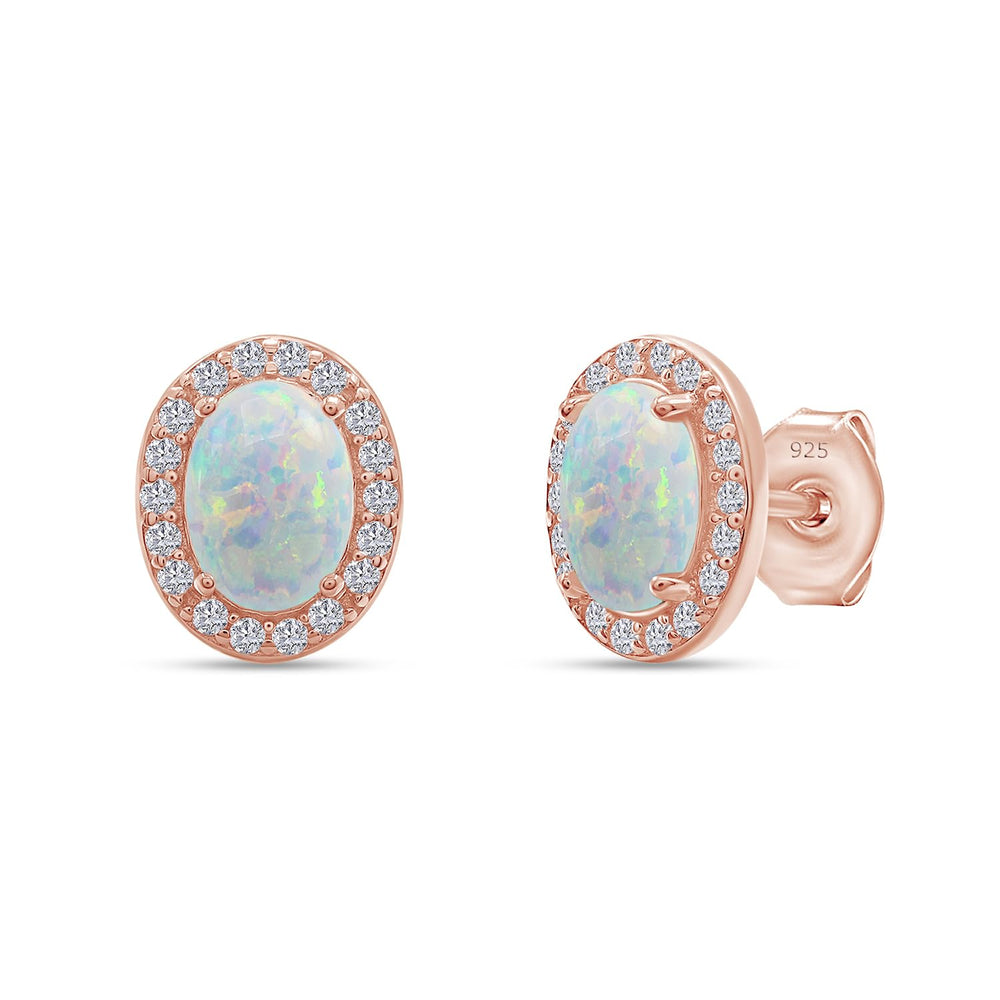 
                      
                        Oval Cut Simulated Opal & Round Shape White Cubic Zirconia Halo Stud Earrings In 925 Sterling Silver
                      
                    