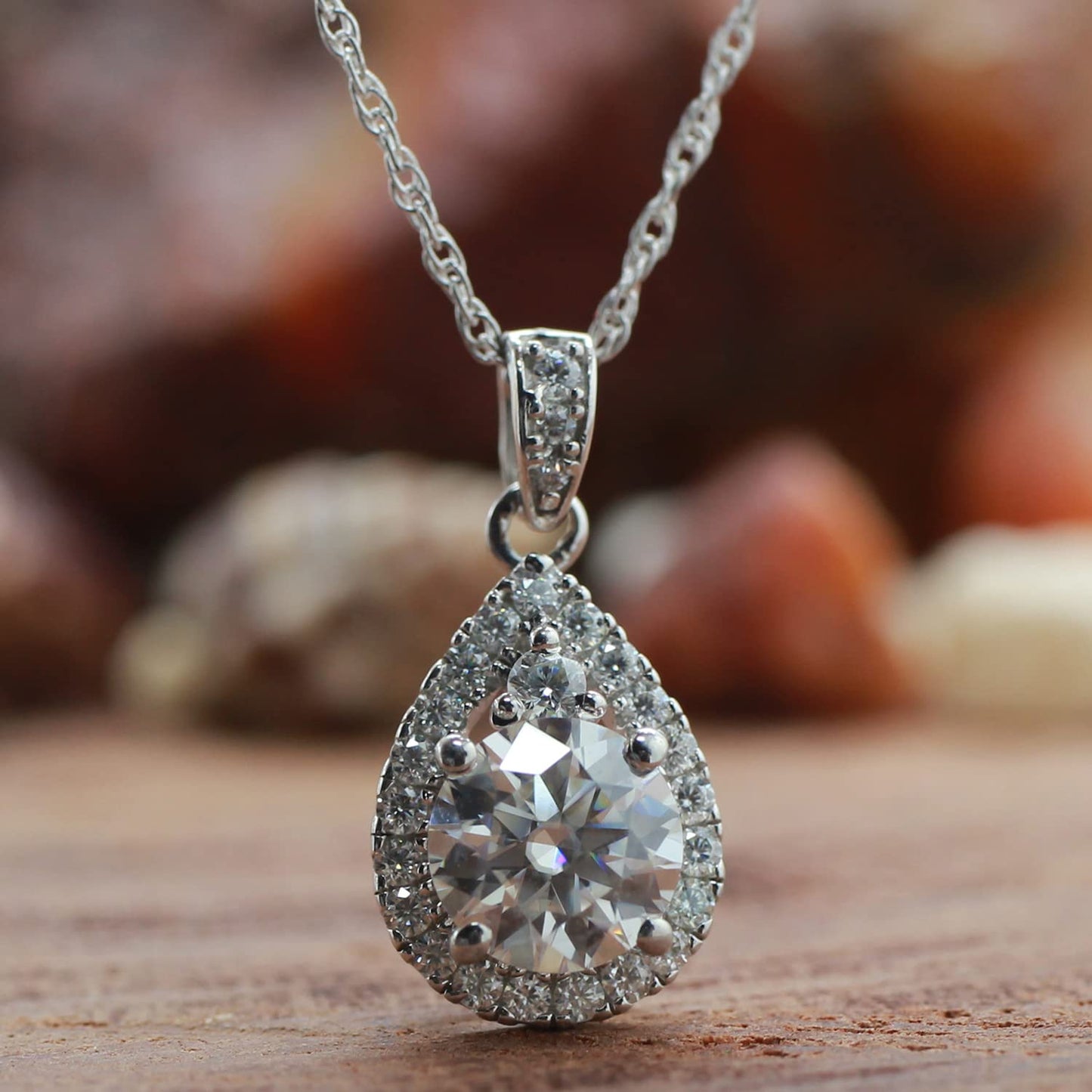 1 1/5 Carat Round Cut Lab Created Moissanite Diamond Teardrop Halo Pendant Necklace In 925 Sterling Silver (1.20 Cttw)