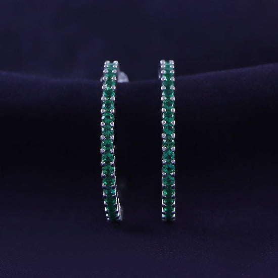 Round Simulated Green Emerald Single Row Hoop Earrings For Women In 925 Sterling Silver