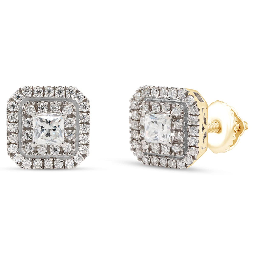 
                      
                        1 Carat Princess & Round Cut Lab Created Moissanite Diamond Double Halo Stud Earrings In 925 Sterling Silver
                      
                    