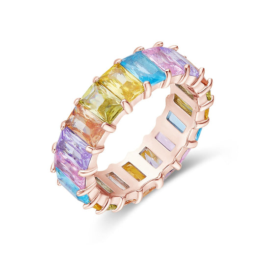 Emerald-Cut Multi Color AAA Created-Gemstone Rainbow Eternity Ring In 18K Gold Plated Brass