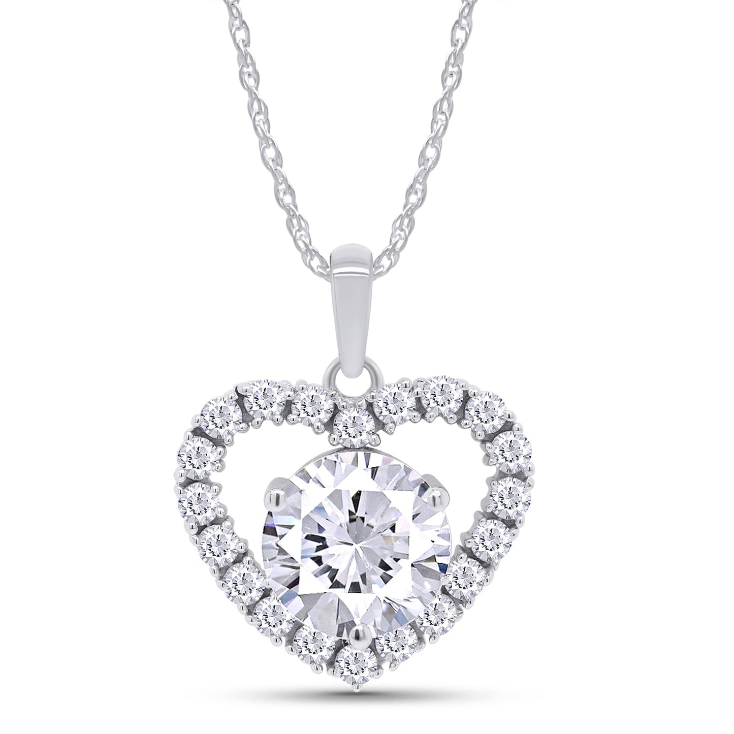 3 Carat Round Cut Lab Created Moissanite Diamond Halo Heart Pendant Necklace In 925 Sterling Silver (3 Cttw)
