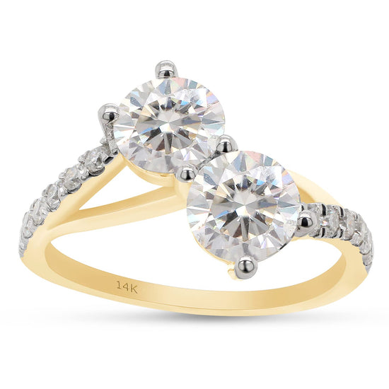 1 3/4 Carat Round Cut Lab Created Moissanite Diamond Two-Stone Crossover Engagement Ring for Women in 10K or 14K Solid Gold (1.75 Cttw)