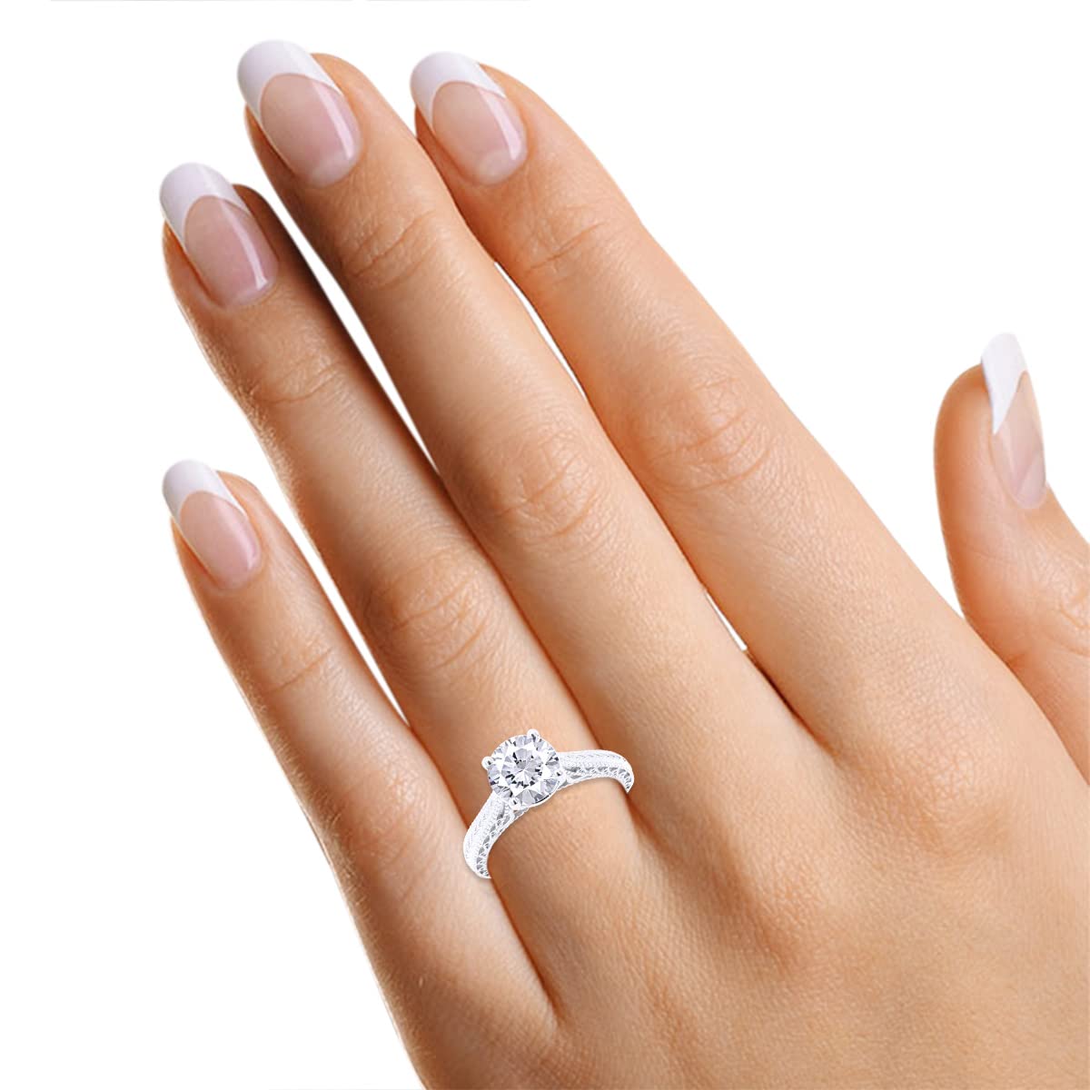 1 1/2 Cttw Lab Created Moissanite Diamond Leaf Pattern Shank Solitaire Ring in 10K or 14K Solid Gold For Women (1.50 Cttw)