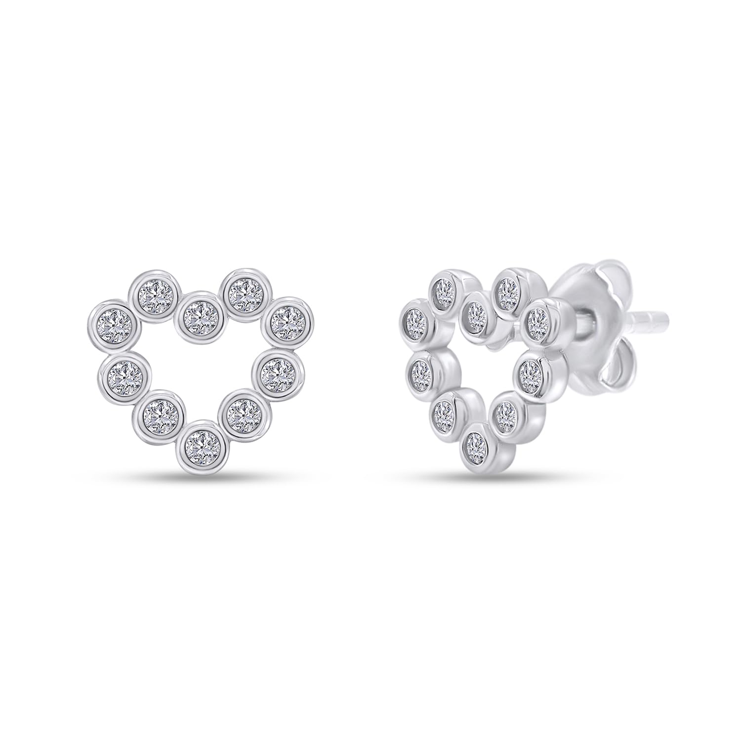 Round White Cubic Zirconia Bezel Set Open Heart Stud Earrings In 925 Sterling Silver