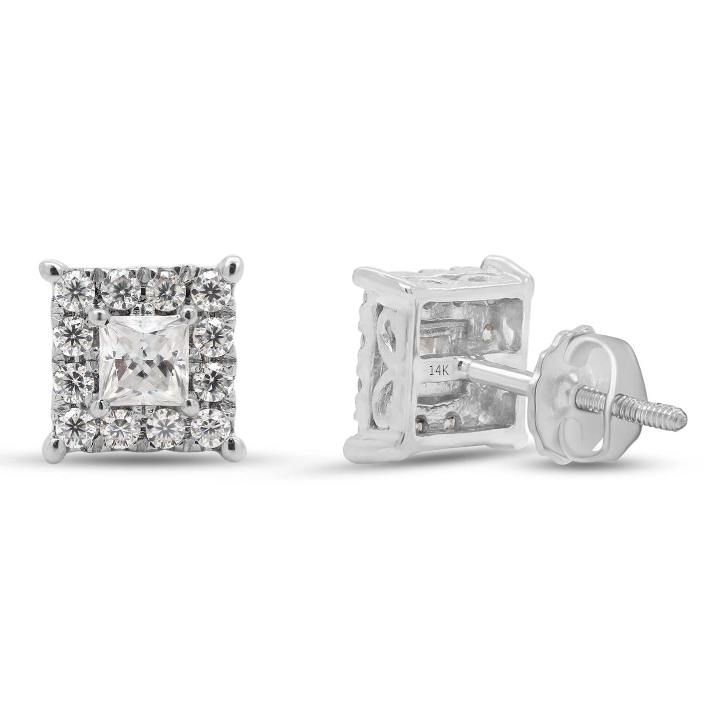 Princess & Round Cut Lab Created Moissanite Diamond Halo Stud Earrings In 10K Or 14K Solid Gold (0.33 Cttw)