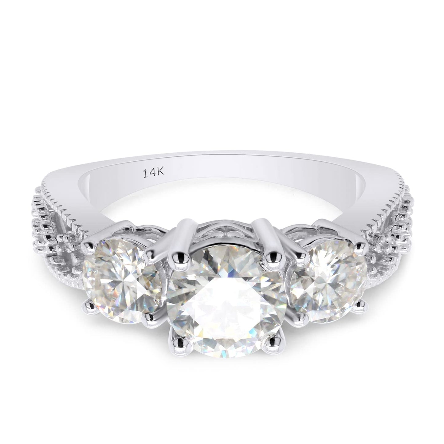 1 4/5 Carat Round Cut Lab Created Moissanite Diamond 3 Stone Bridal Engagement Ring in 10K or 14K Solid Gold (1.80 Cttw)