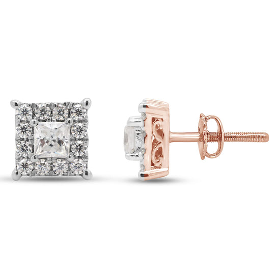 Princess & Round Cut Lab Created Moissanite Diamond Halo Stud Earrings In 10K Or 14K Solid Gold (0.33 Cttw)