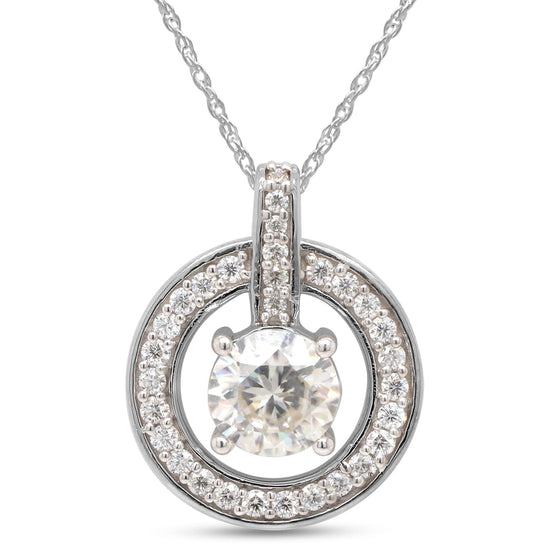 1 1/4 Carat Lab Created Moissanite Diamond Center Stone 6.5MM Circle Drop Pendant Necklace In 925 Sterling Silver (1.25 Cttw)