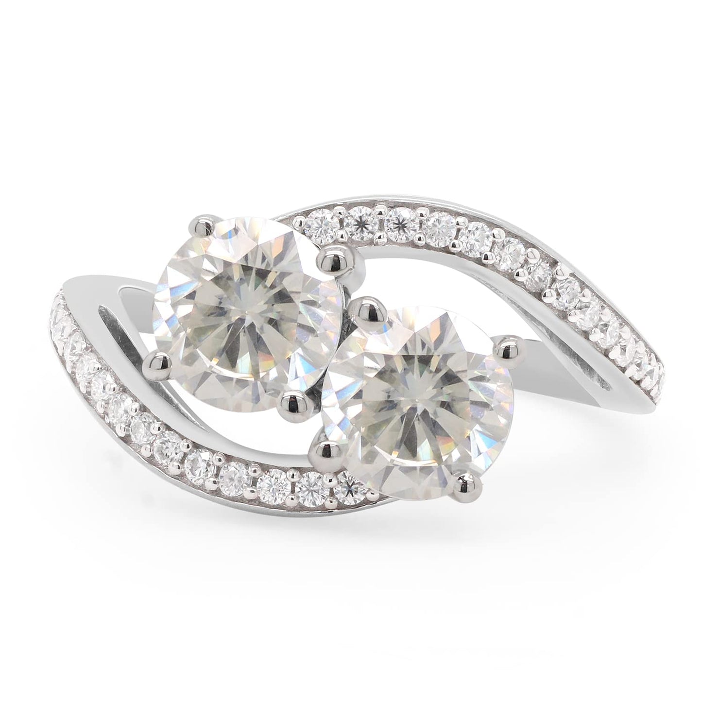 1 3/4 Carat Lab Created Moissanite Diamond Two Stone Bypass Engagement Ring in 10K or 14K Solid Gold For Women (1.75 Cttw)