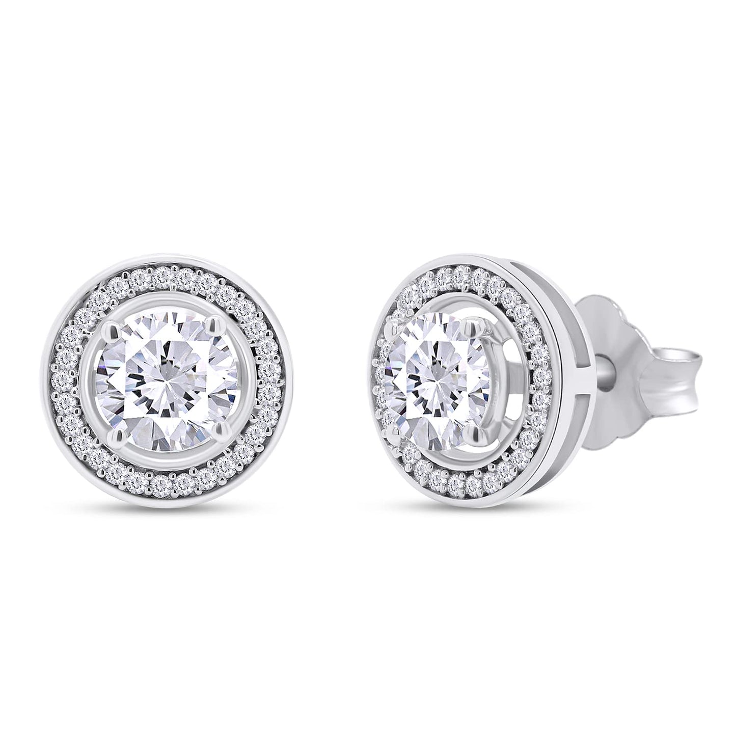 1 Carat Lab Created Moissanite Diamond Push Back Halo Stud Earrings In 925 Sterling Silver (VVS1 Clarity, 1 Cttw)