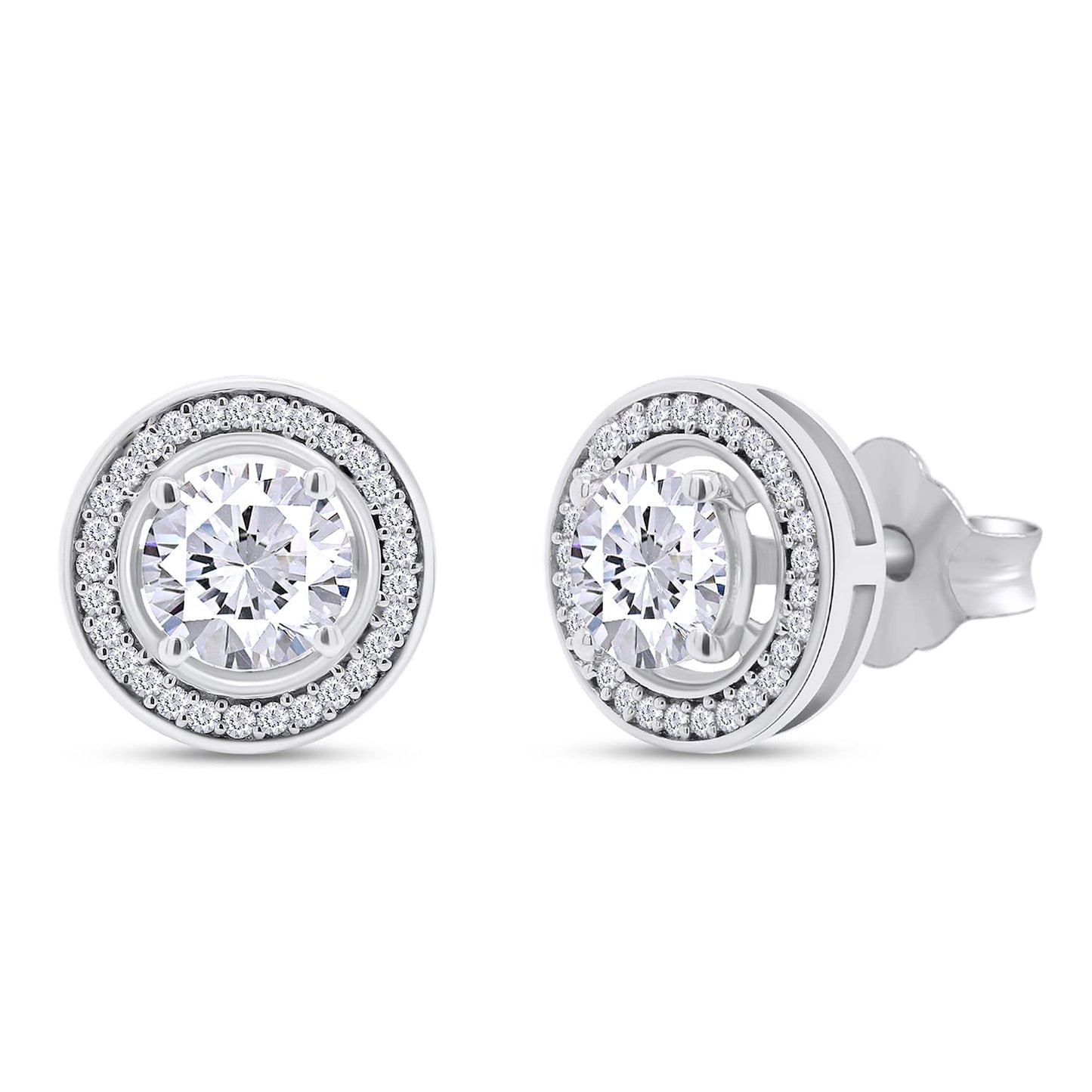 Load image into Gallery viewer, 1 Carat Lab Created Moissanite Diamond Push Back Halo Stud Earrings In 925 Sterling Silver (VVS1 Clarity, 1 Cttw)
