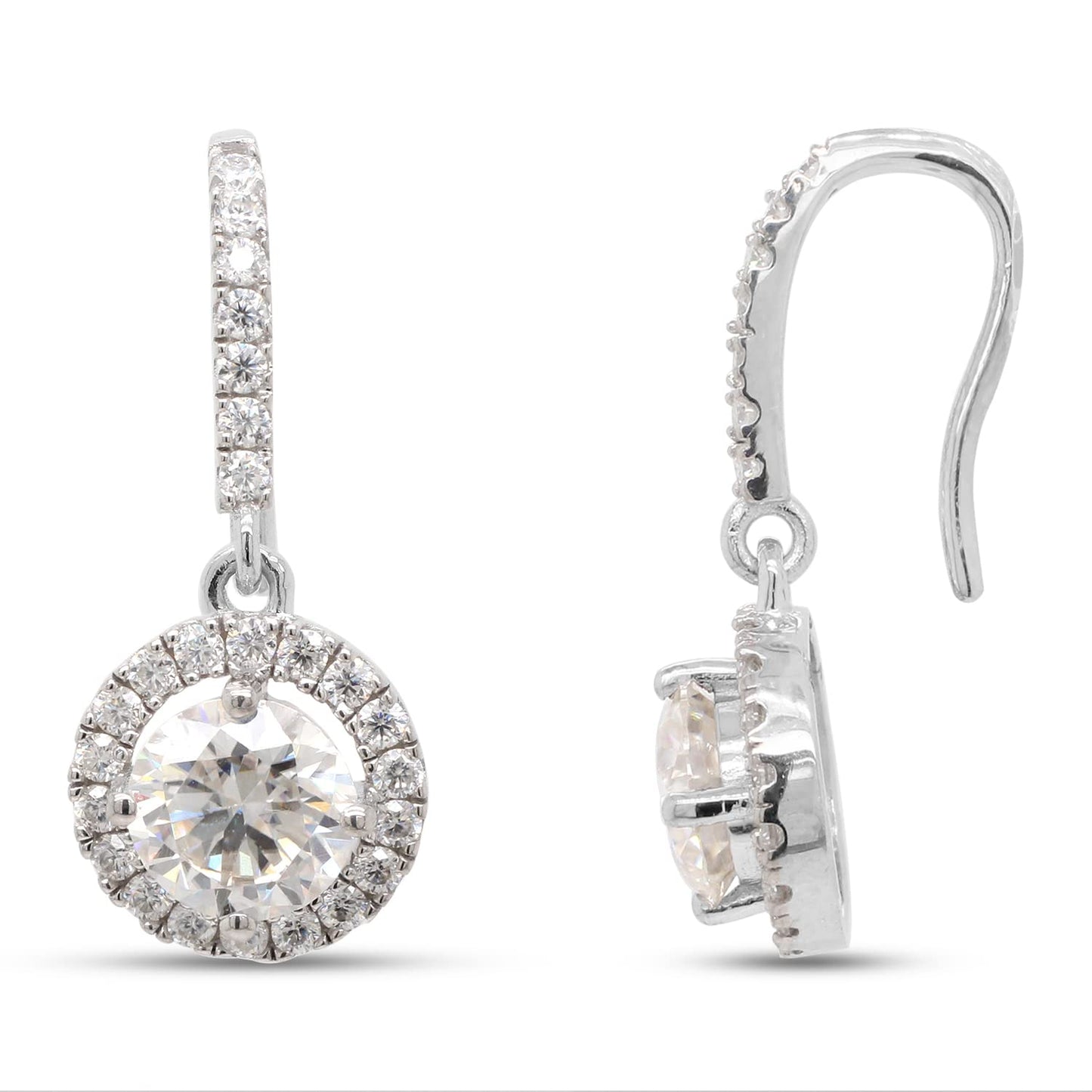 Load image into Gallery viewer, 2 Carat Round Cut Lab Created Moissanite Diamond Fishhook Halo Drop Earrings In 925 Sterling Silver (2 Cttw)
