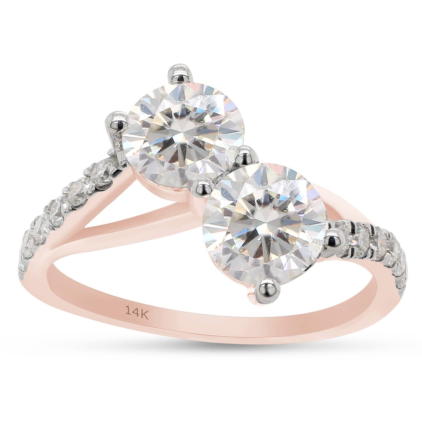 1 3/4 Carat Round Cut Lab Created Moissanite Diamond Two-Stone Crossover Engagement Ring for Women in 10K or 14K Solid Gold (1.75 Cttw)