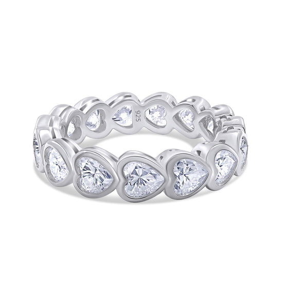 4X4MM Heart Cut Lab Created Moissanite Diamond Full Eternity Heart Promise Stackable Bezel Set Wedding Band Ring For Women In 925 Sterling Silver