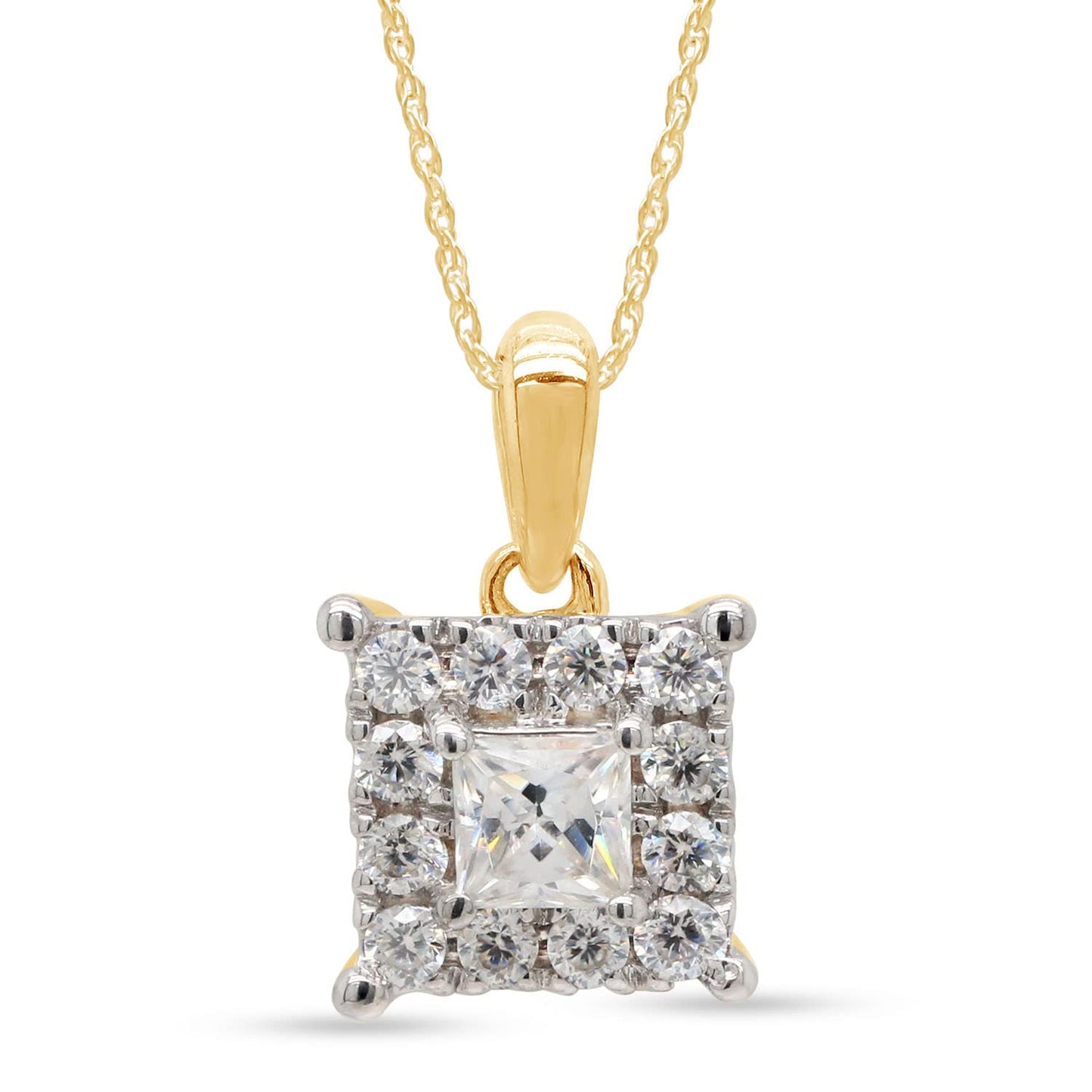1/2 Carat Princess & Round Lab Created Moissanite Diamond Square Frame Halo Pendant Necklace in 10K or 14K Solid Gold For Women (0.50 Cttw)