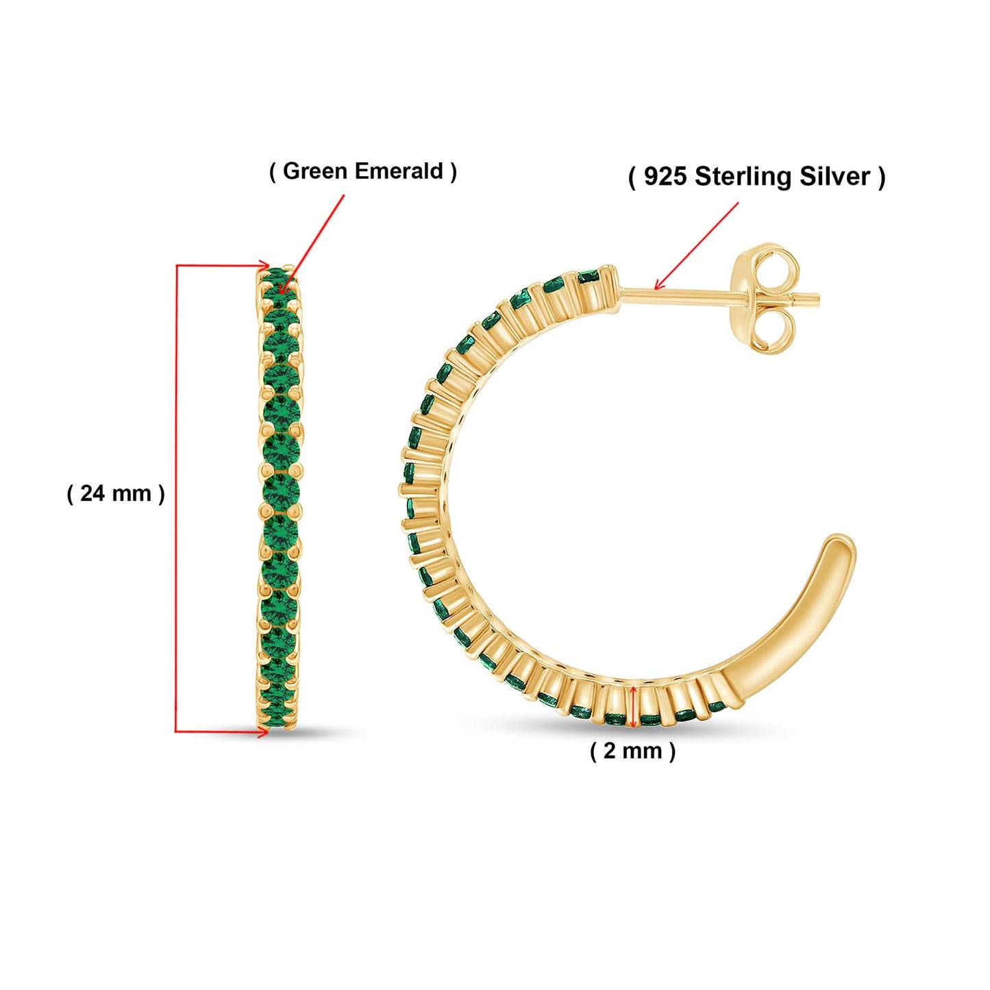 Round Simulated Green Emerald Single Row Hoop Earrings For Women In 925 Sterling Silver