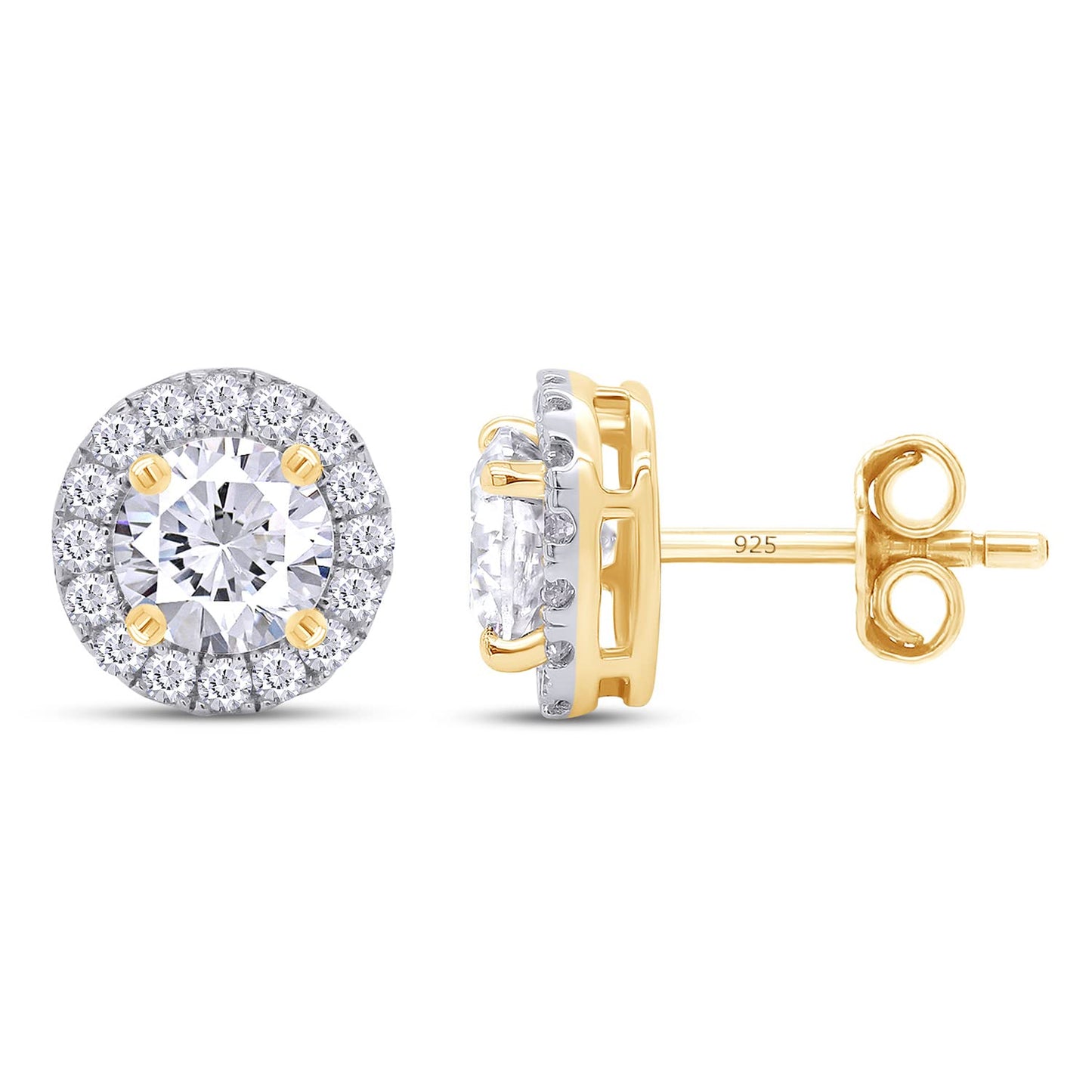 1 Carat Center Stone 5MM Round Cut Lab Created Moissanite Diamond Push Back Halo Stud Earrings In 925 Sterling Silver (1 Cttw)