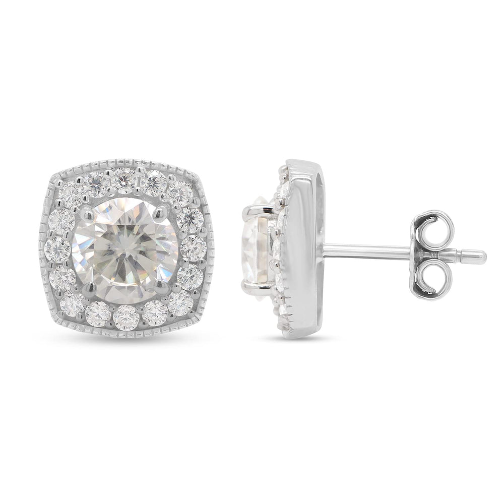 1.90 Carat Center 6MM Round Cut Lab Created Moissanite Diamond Milgrain Halo Stud Earrings In 10K Or 14K Solid Gold