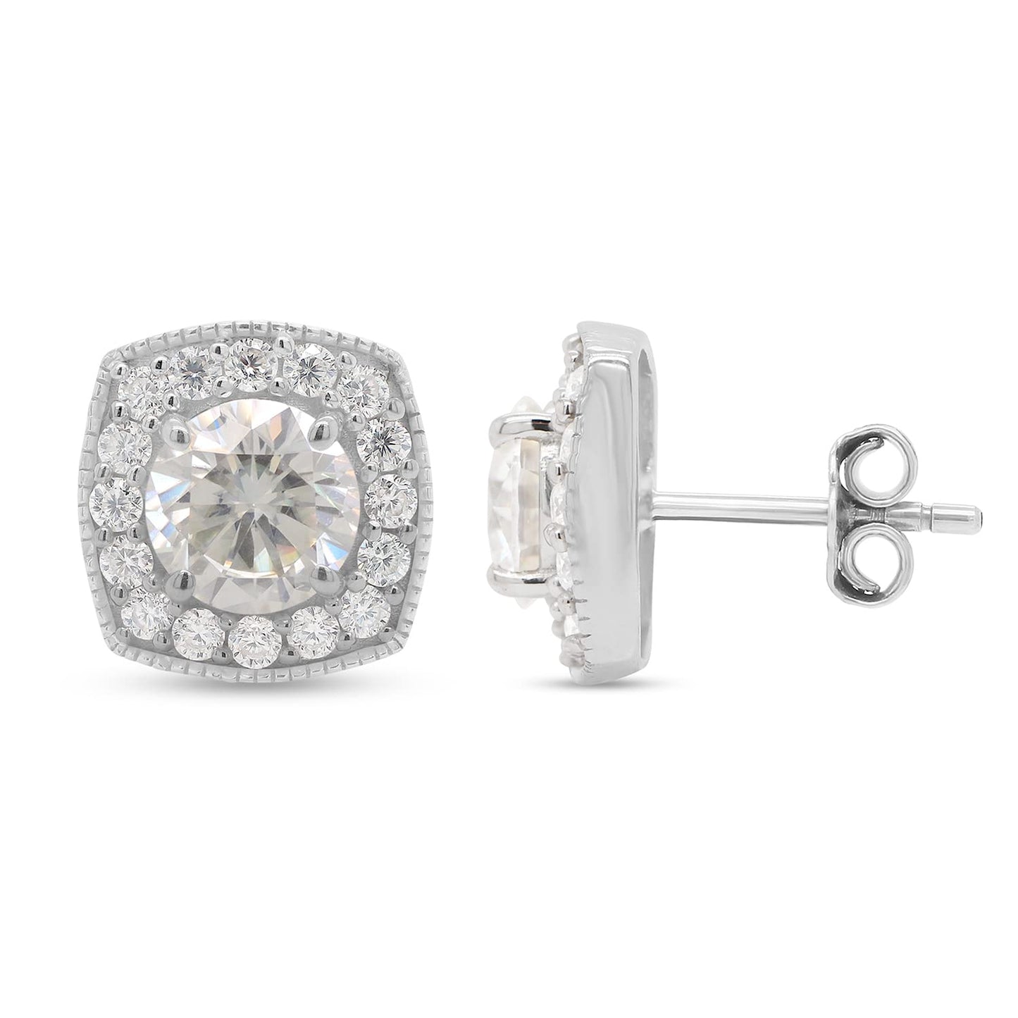 1 8/9 Carat 6MM Round Cut Lab Created Moissanite Diamond Milgrain Halo Stud Earrings In 925 Sterling Silver (1.90 Cttw)