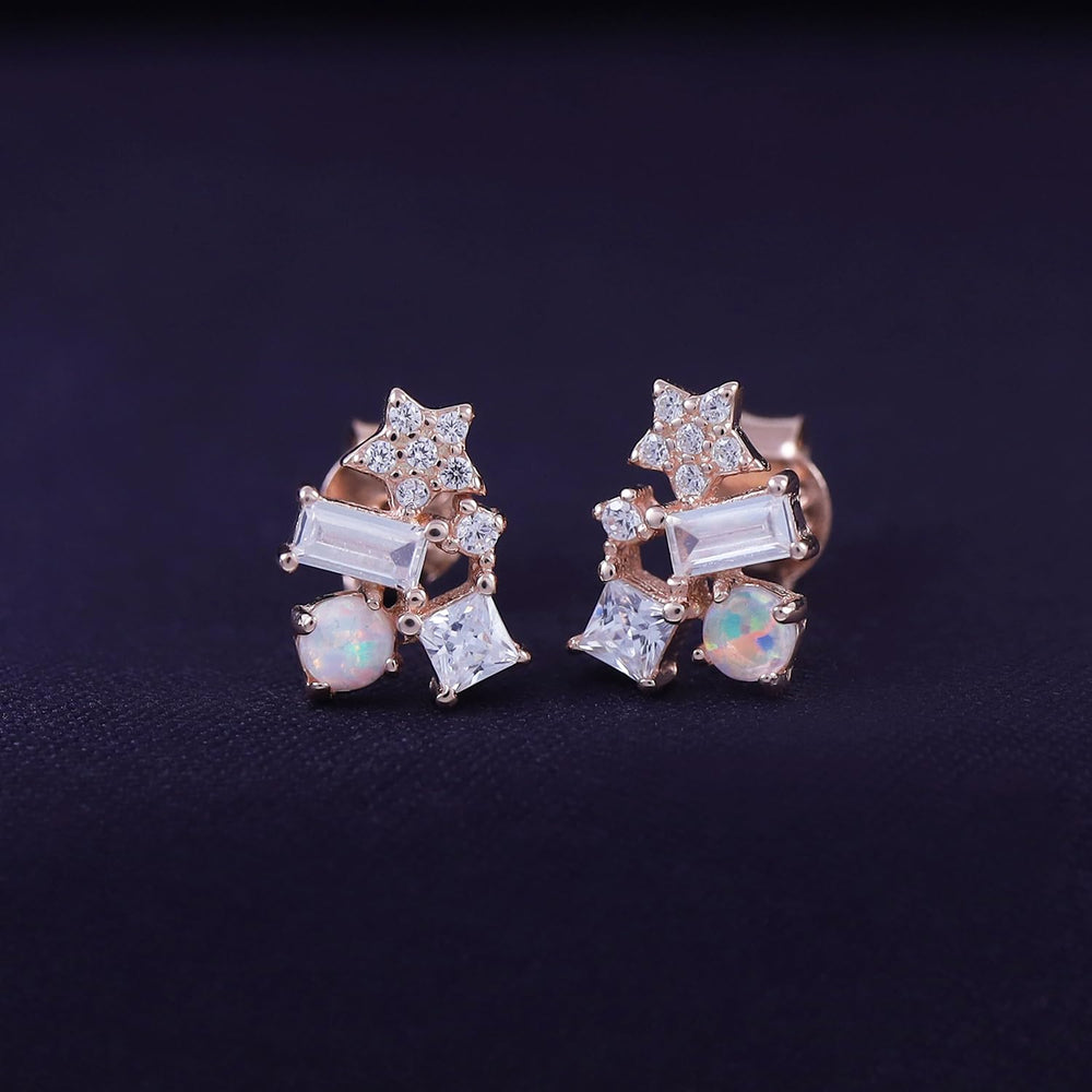 
                      
                        Round Simulated Opal & Multi Shape White Cubic Zirconia Stud Earrings For Women In 925 Sterling Silver
                      
                    