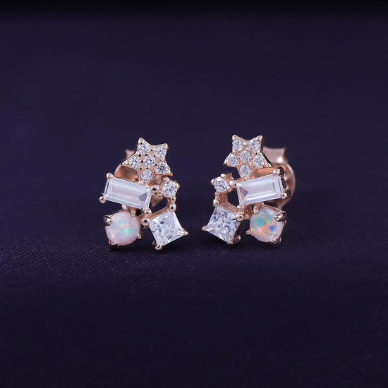 Round Simulated Opal & Multi Shape White Cubic Zirconia Stud Earrings For Women In 925 Sterling Silver