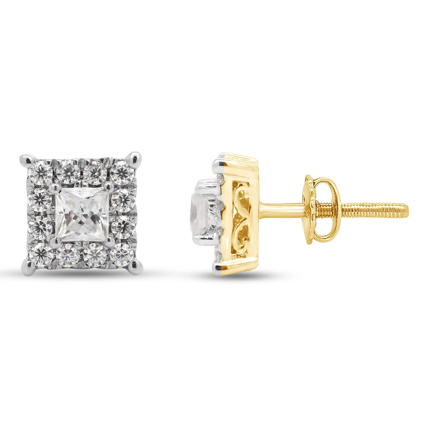 Princess & Round Cut Lab Created Moissanite Diamond Halo Stud Earrings In 10K Or 14K Solid Gold (0.33 Cttw)