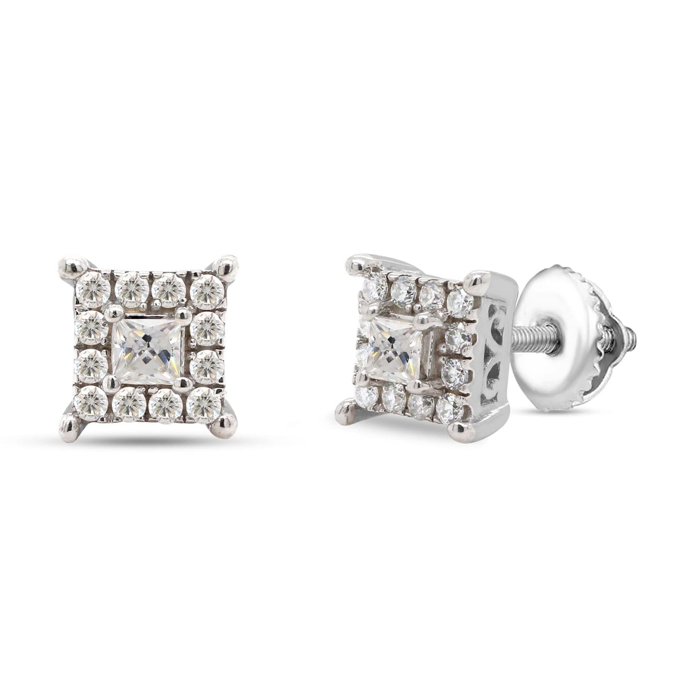 1/5 Carat Princess & Round Cut Lab Created Moissanite Diamond Screw Back Halo Studs Earrings in 10K or 14K Solid Gold For Women (0.20 Cttw)